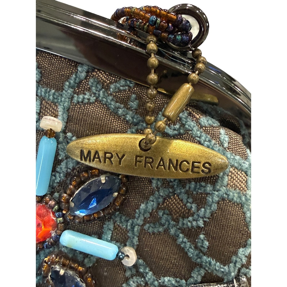 Mary Frances Beaded Feather Fur Evening Clutch Handbag Blue Brown Jeweled Purse - Picture 7 of 16